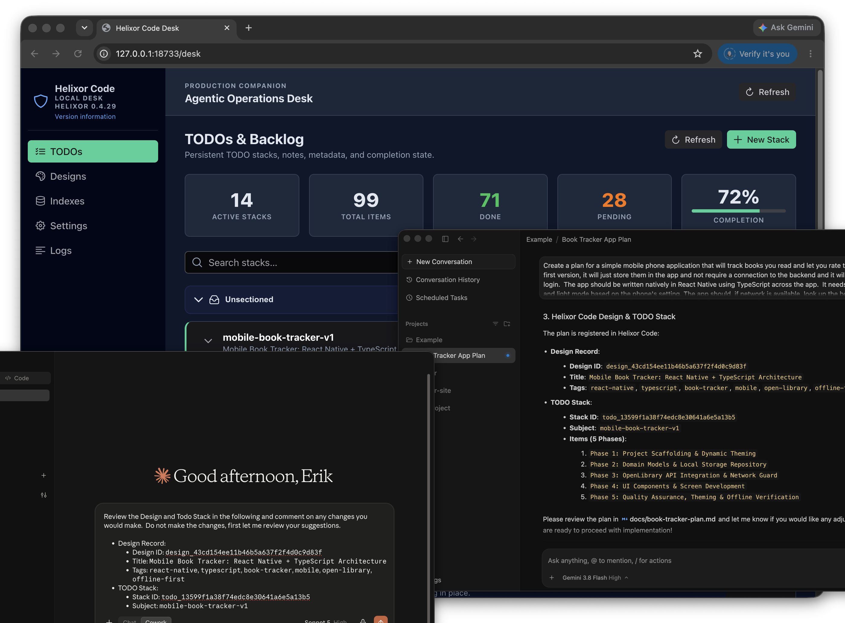 Helixor Code multi-agent workflow: Local Desk tracking persistent TODO stacks with Google Antigravity planning and Anthropic Claude reviewing
